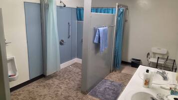 Shower, towels, soap, toilet paper