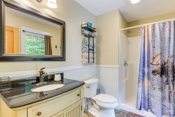 Une salle de bain équipée d’un lavabo, de toilettes et d’un rideau de douche.