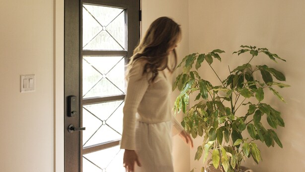 Una persona caminando a través de un umbral hacia una habitación con una planta grande en maceta y un tapete tejido.
