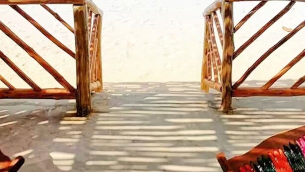 A wooden pathway leading to a beach with palm trees and a clear blue sky. - LAMAU-Beachfront House, San Crisanto, Yuc. (San Crisanto)