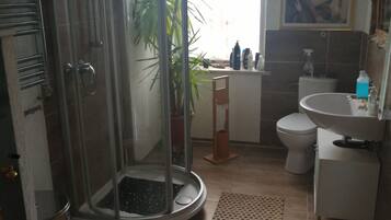 Shower, hair dryer, towels, soap