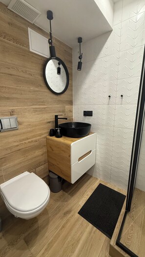 Shower, hair dryer, towels, toilet paper