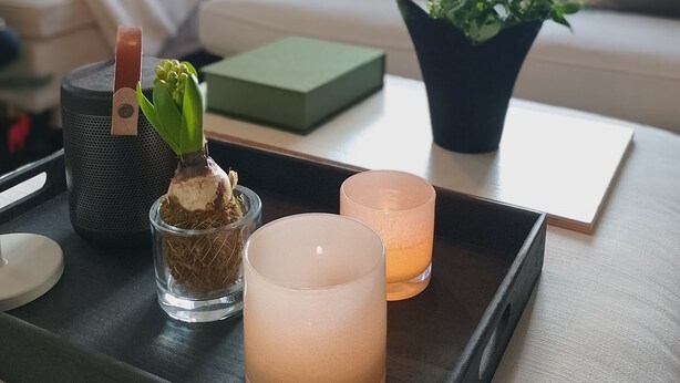 Een gezellige woonkamer met een moderne bank, een klein tafeltje met kaarsen, een potplant en een speaker.