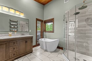 Shower, towels, soap, toilet paper