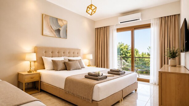 A hotel room with a large bed, a flat-screen TV, a balcony with a view, and an air conditioning unit. - Charming 1 triple-bedroom  in quaint Georgioupoli with AC (Georgioupoli)