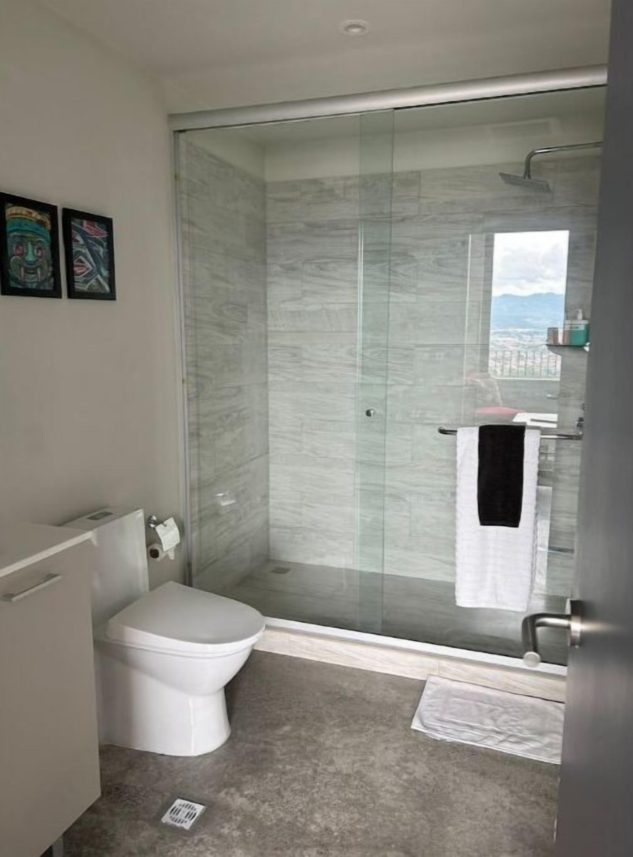 A modern bathroom with a glass-enclosed shower, a toilet, and a sink.