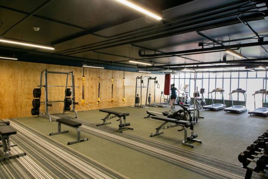 A gym with weightlifting equipment, treadmills, and a wooden wall.