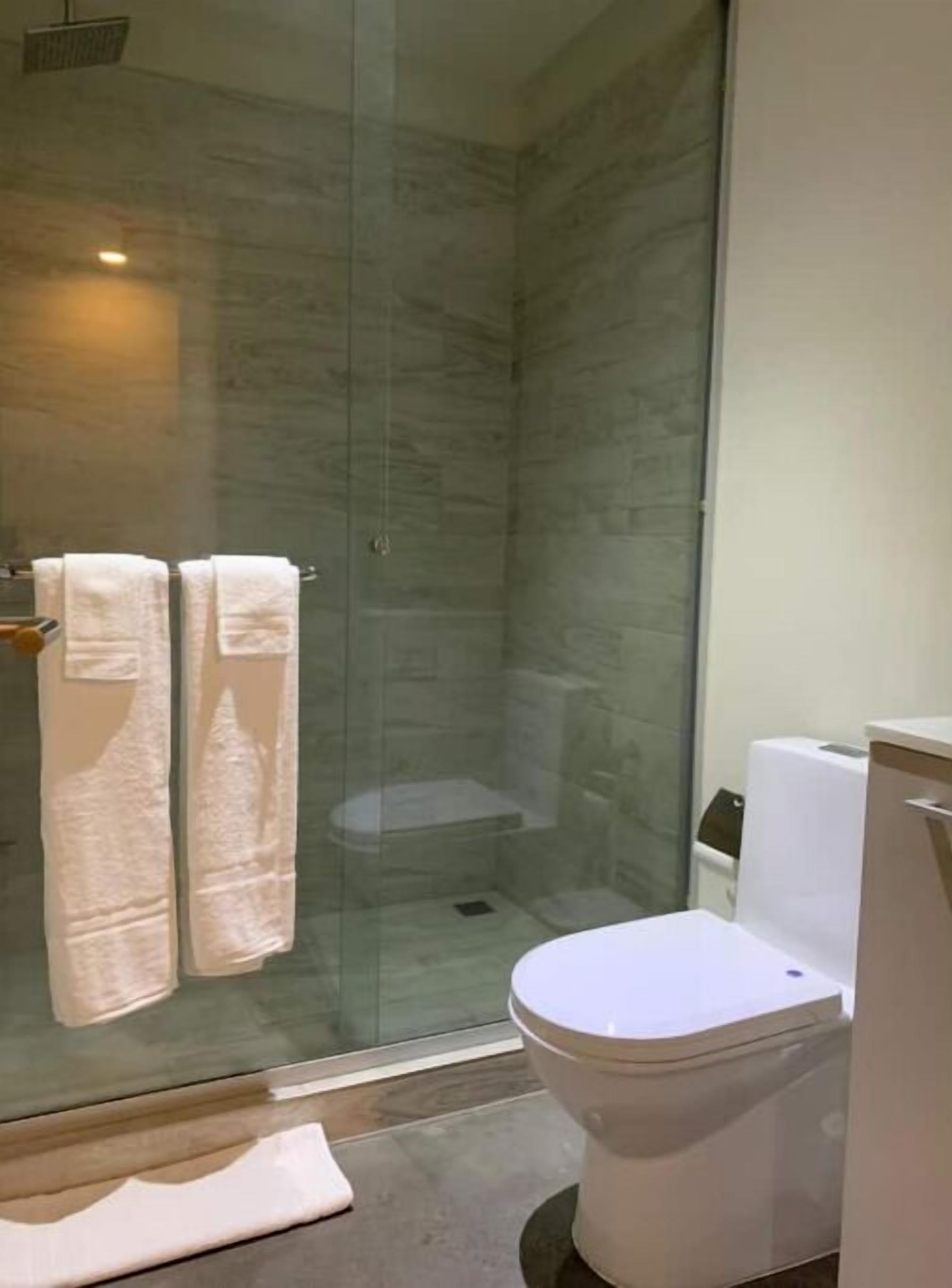A modern bathroom with a glass shower enclosure, a white toilet, and a glass door.