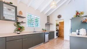 A modern kitchen with grey cabinets, a dishwasher, a washing machine, and a large window with a view of greenery. - Villa Blue Cane with a pool and ping-pong table, perfect for families (Le MOULE)