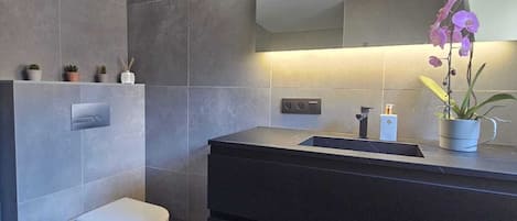 Dusche, Haartrockner, HandtĂŒcher, Seife