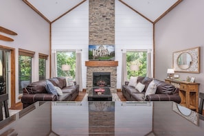 Smart TV, fireplace, video games, DVD player