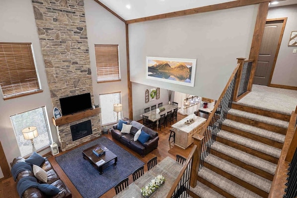 Smart TV, fireplace, foosball