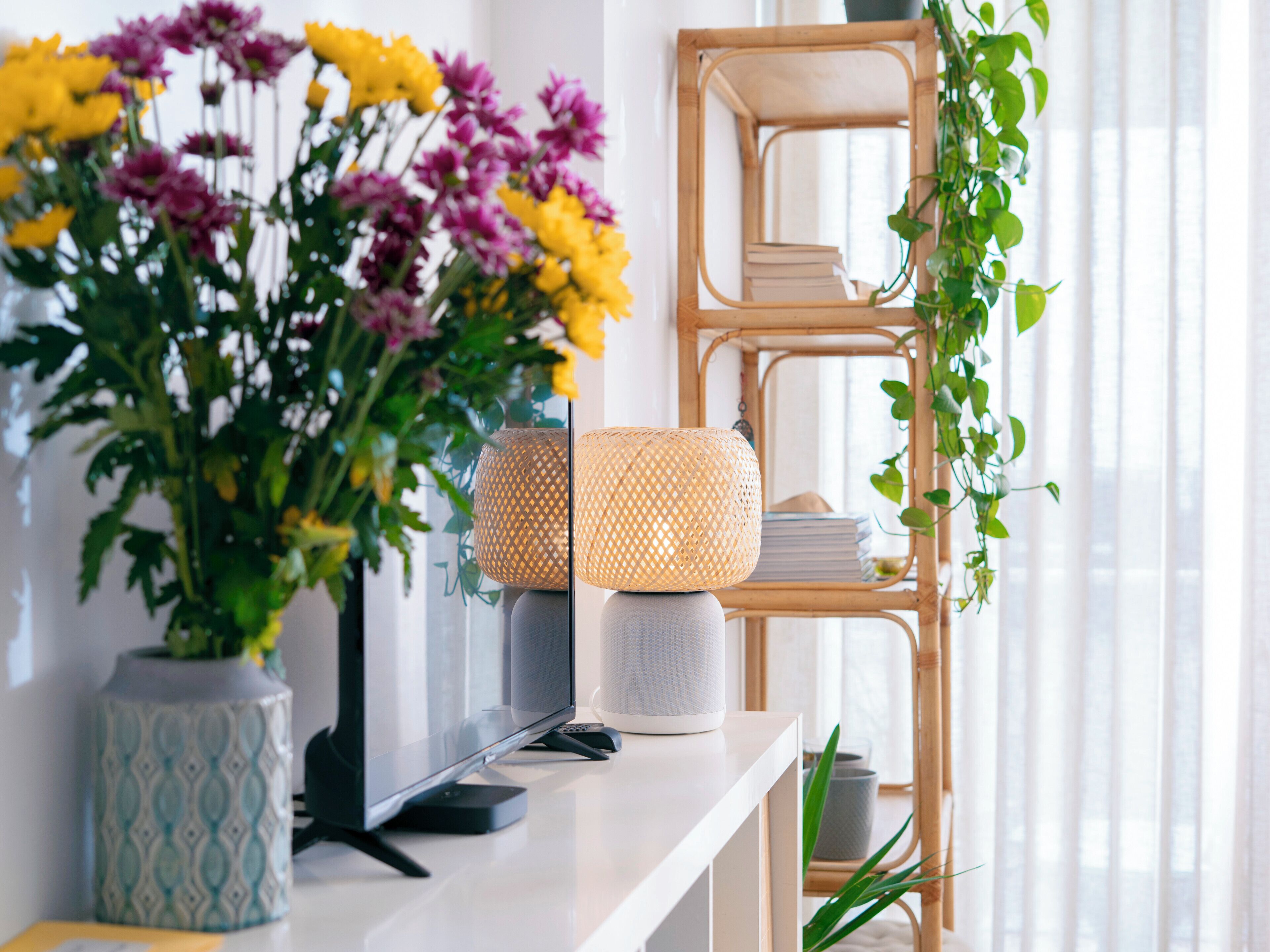 A modern living room with a flat-screen TV, two woven lamps, a bookshelf, and a potted plant.