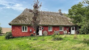 A red house with a thatched roof, a chimney, and a number '4' on the side.
