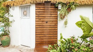 A white door with a wooden panel wall, a thatched roof, and potted plants.