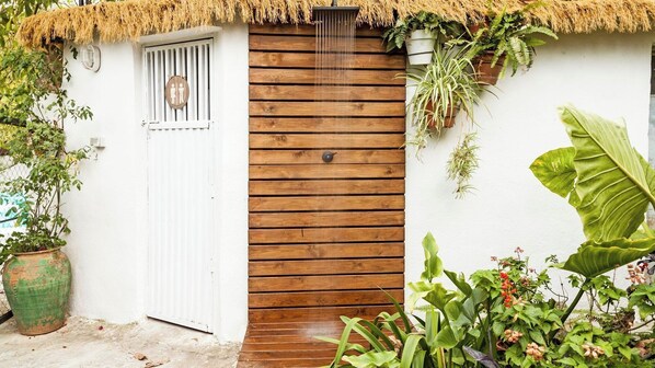 Une porte blanche, un mur lambrissé en bois, un toit de chaume et des plantes en pot.