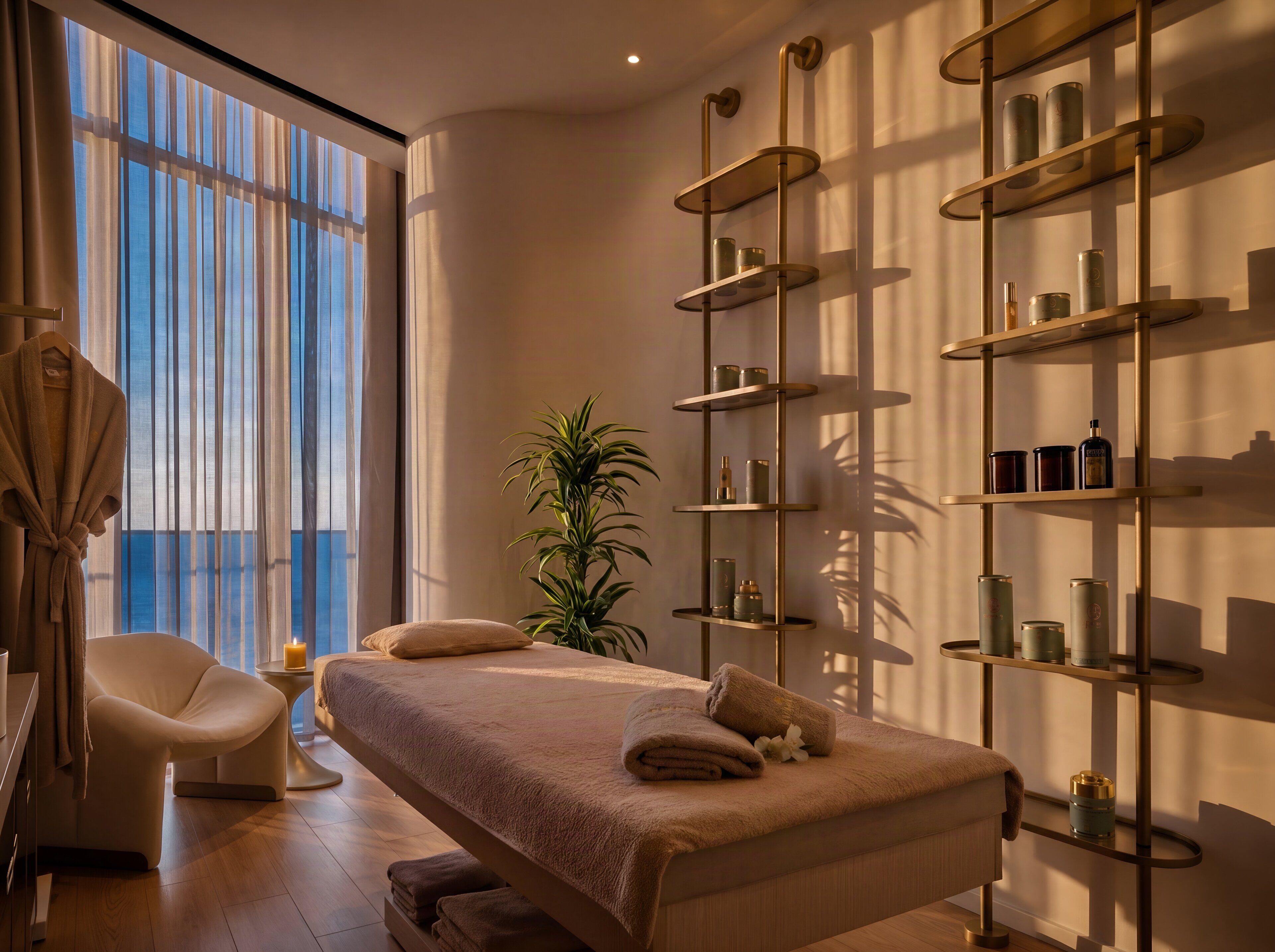 A modern spa room with a large bed, a chair, a potted plant, and a wall-mounted shelf with various items.