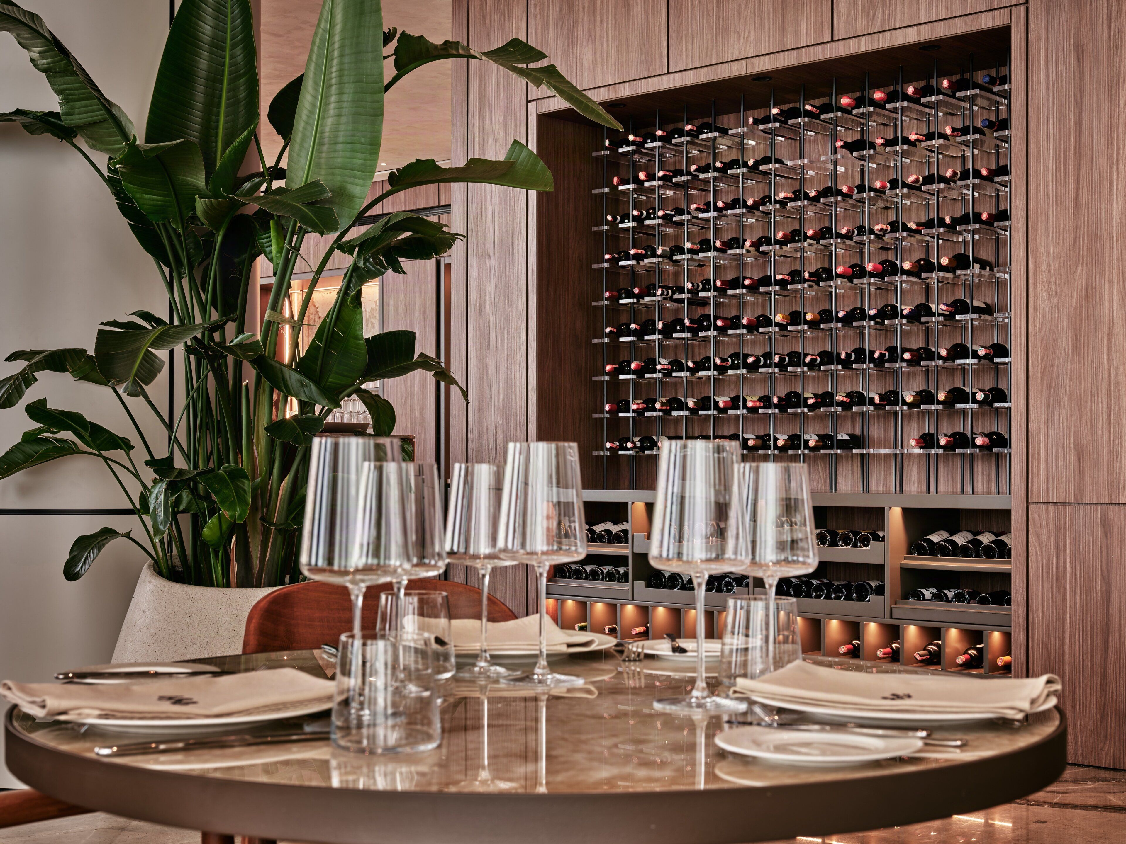 A dining table set with wine glasses and plates, a potted plant, and a wine rack in the background.