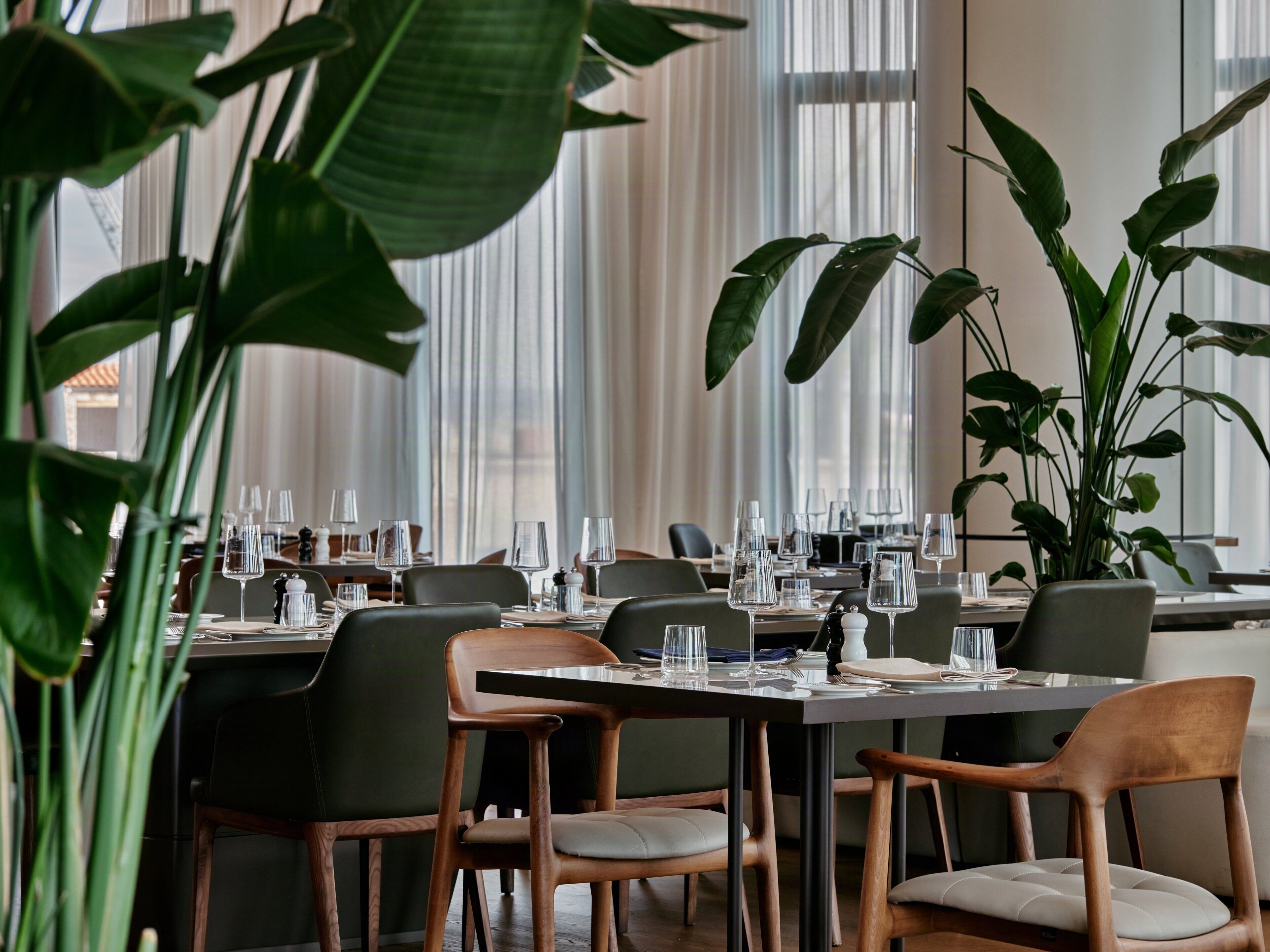 Ein Restaurant mit gedeckten Tischen, Stühlen und großen Kübelpflanzen.