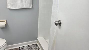 Hair dryer, towels, soap, shampoo