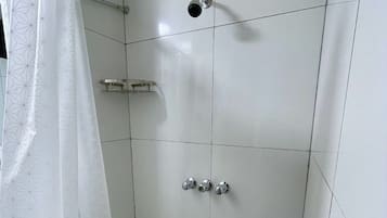 Hair dryer, towels, soap, shampoo