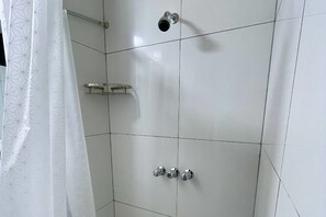 Hair dryer, towels, soap, shampoo