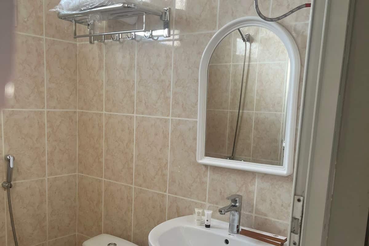 Ένα μπάνιο με τουαλέτα, νιπτήρα και ντους.