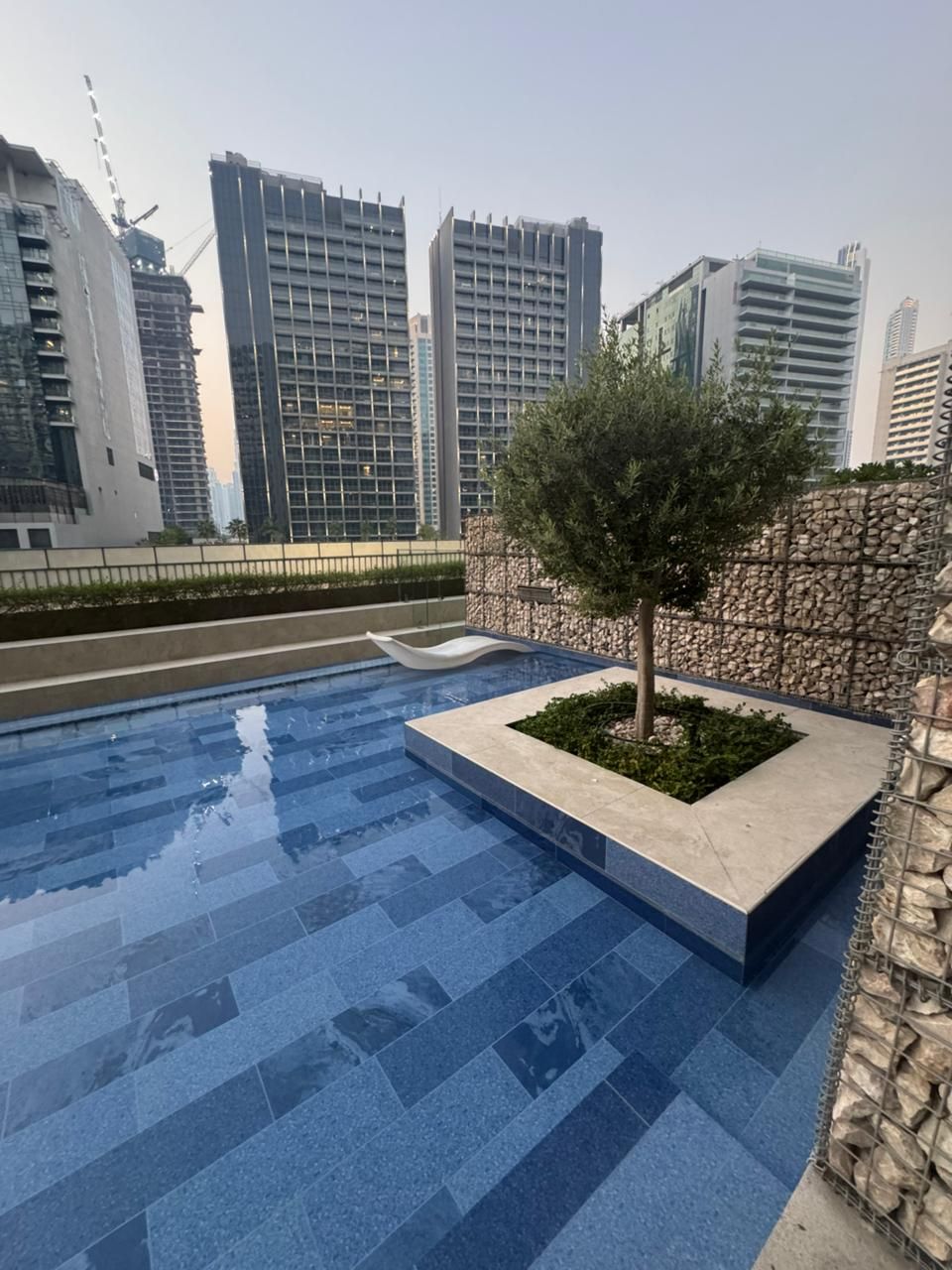 A rooftop pool with a geometric tile pattern, surrounded by a stone wall and a small tree.