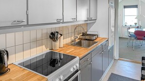 A modern kitchen with grey cabinets, a wooden countertop, a stainless steel sink, and an oven. - Lovely apartment in Rudkøbing with house sea view (Rudkøbing)