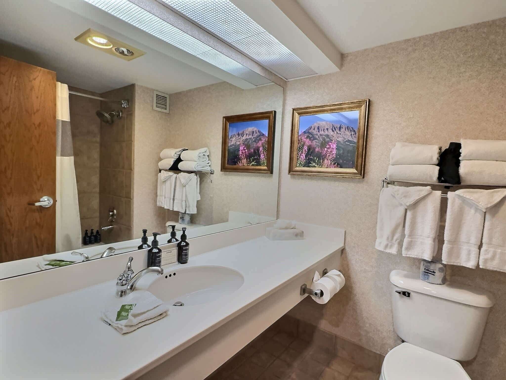 A modern bathroom with a large mirror, white sink, and toilet. There are towels and toiletries on the counter, and a framed picture on the wall.