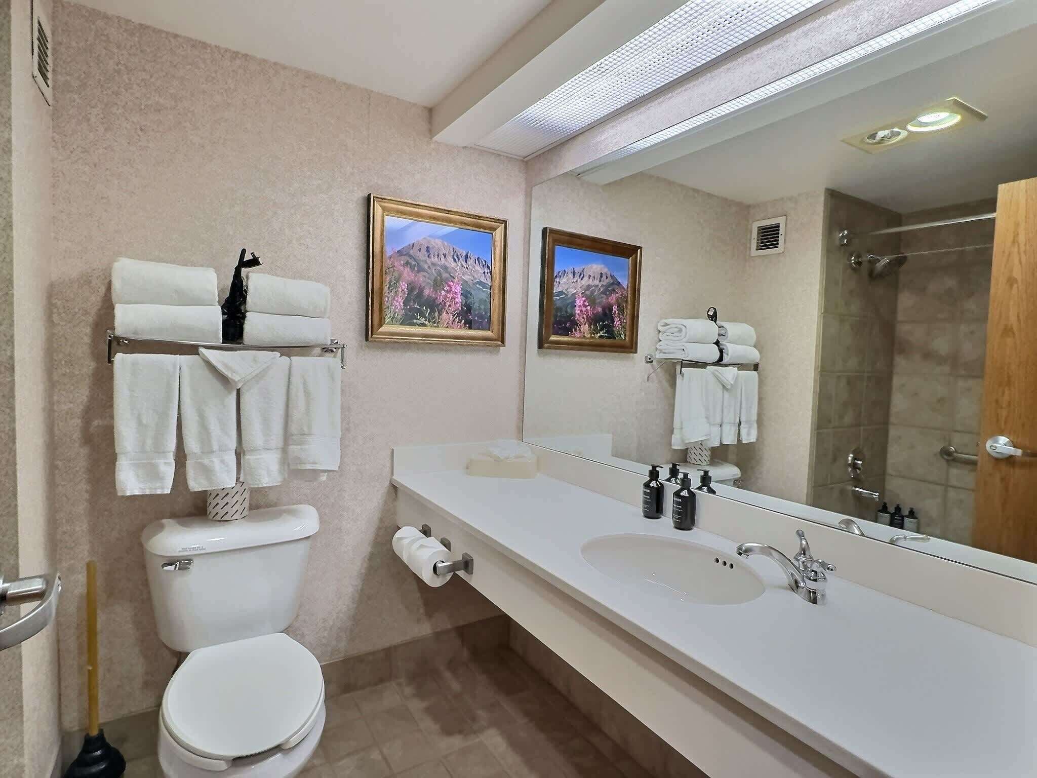 Un baño moderno con inodoro, lavamanos y ducha. Hay toallas en un perchero, un dispensador de papel higiénico y un espejo, con la ducha visible al fondo.