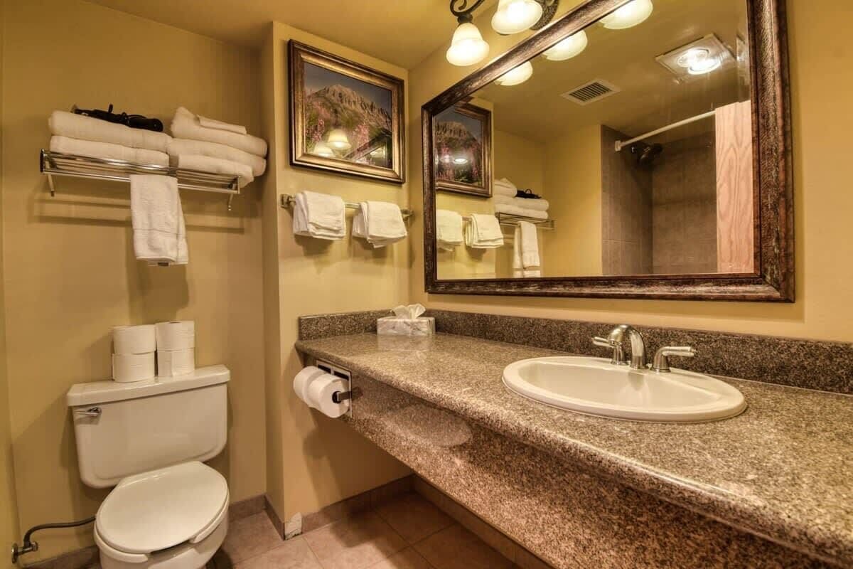 A bathroom with a toilet, sink, and towel rack.