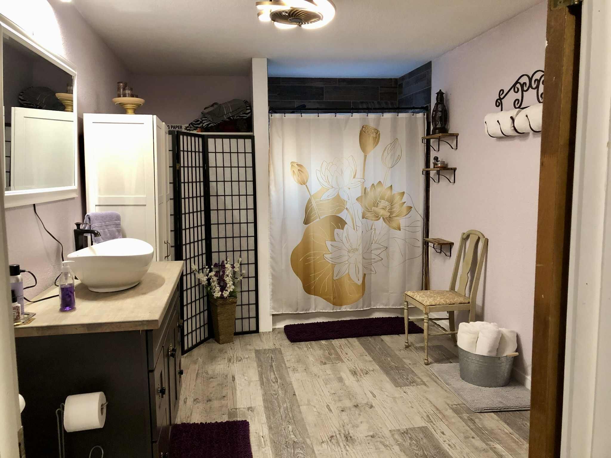 Hair dryer, towels, soap, toilet paper