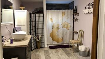 Hair dryer, towels, soap, toilet paper