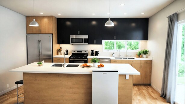 A modern kitchen with a central island, stainless steel appliances, and a large window providing natural light.