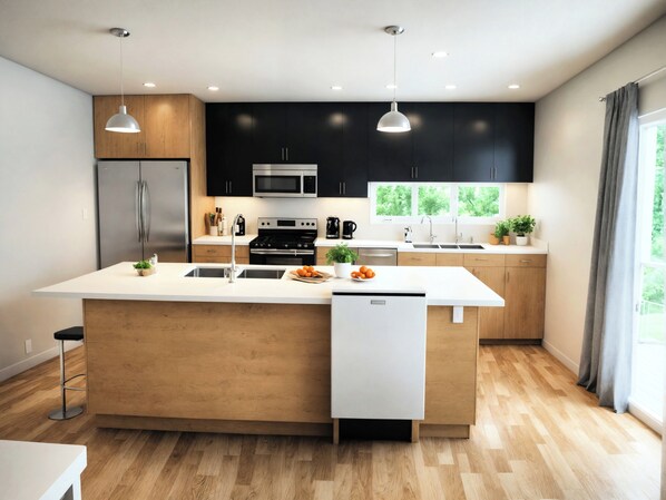 Een koelkast, een magnetron, een oven, een kookplaat