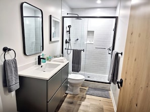 Hair dryer, towels, soap, shampoo