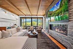 Smart TV, lareira, aparelho de som, escritórios