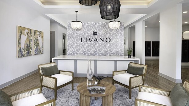 Un área de recepción moderna con un mostrador central, dos sillas de mimbre, una mesa redonda de centro y una pared con el nombre "LIVANO".