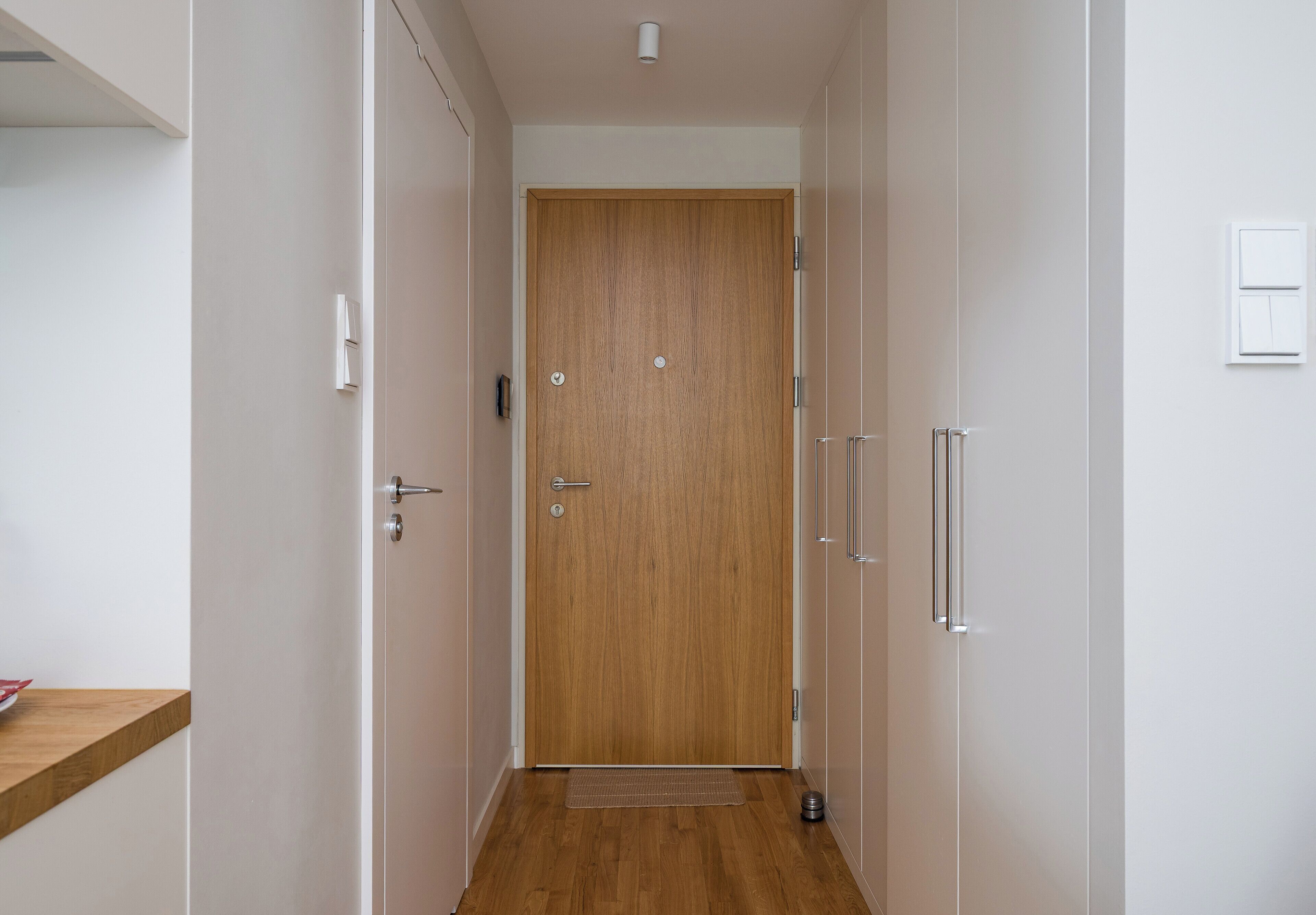 A hallway with a wooden door, a metal handle, and a small rug on the floor.