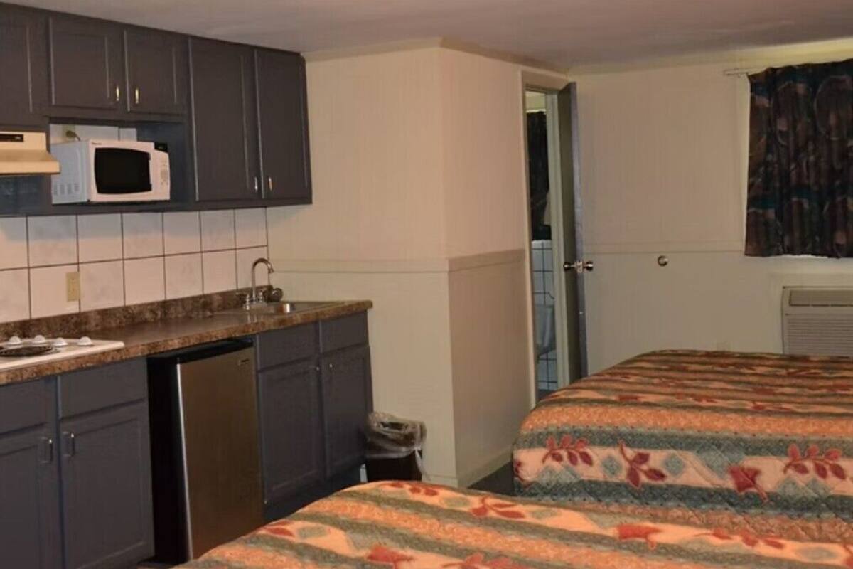 Une chambre compacte avec une kitchenette, comprenant un four à micro-ondes et un réfrigérateur. Elle est équipée de deux lits avec une literie à motifs floraux.