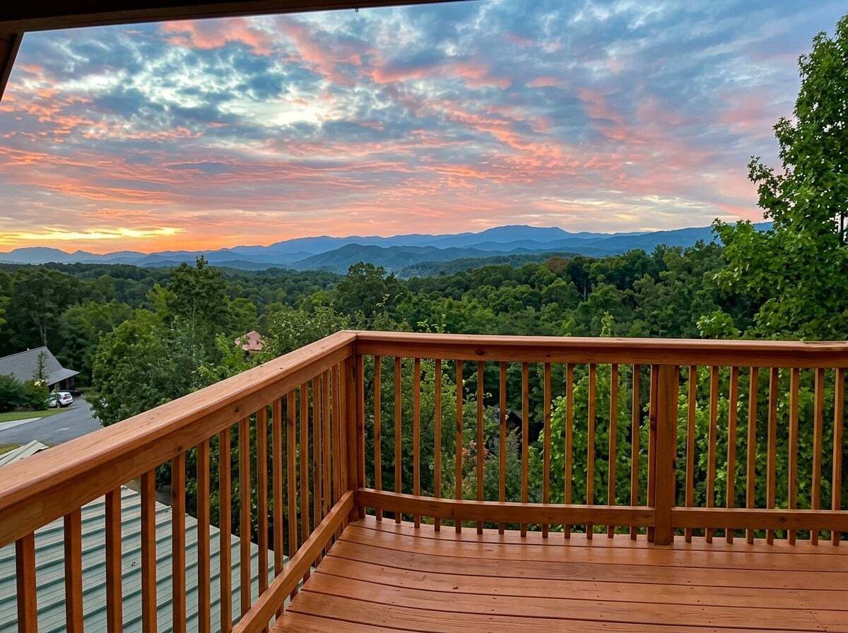 A wooden deck with a railing overlooking a forested landscape and distant mountains.