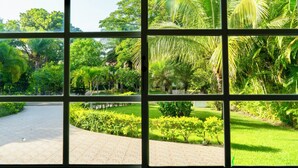 A view through a window with a tiled floor and a pathway leading to a lush garden with various trees and shrubs.