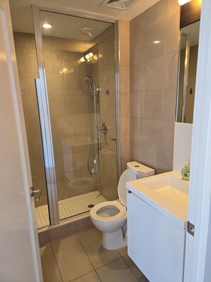 Shower, towels, soap, toilet paper