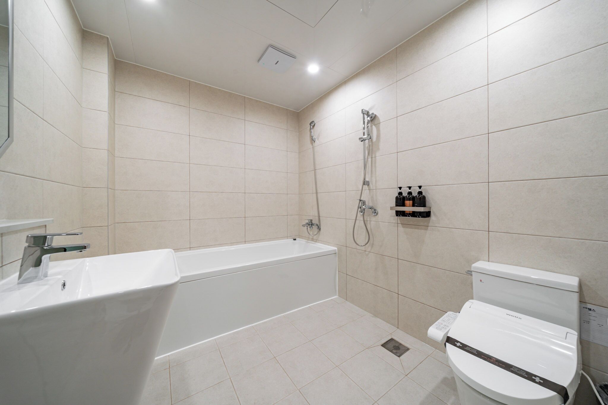 A modern bathroom with a bathtub, toilet, and shower.