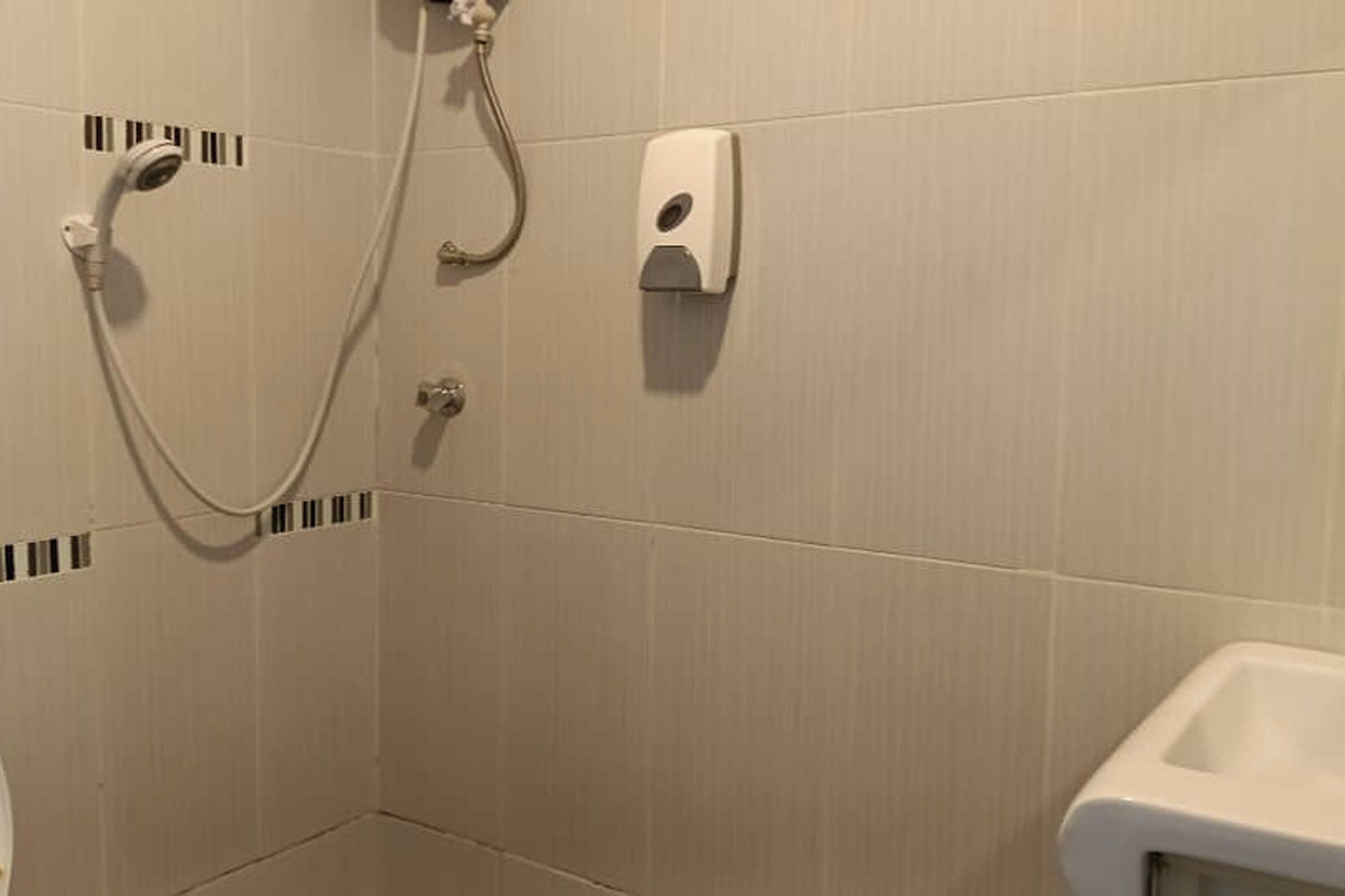 A bathroom with a shower, a toilet, and a soap dispenser on the wall.