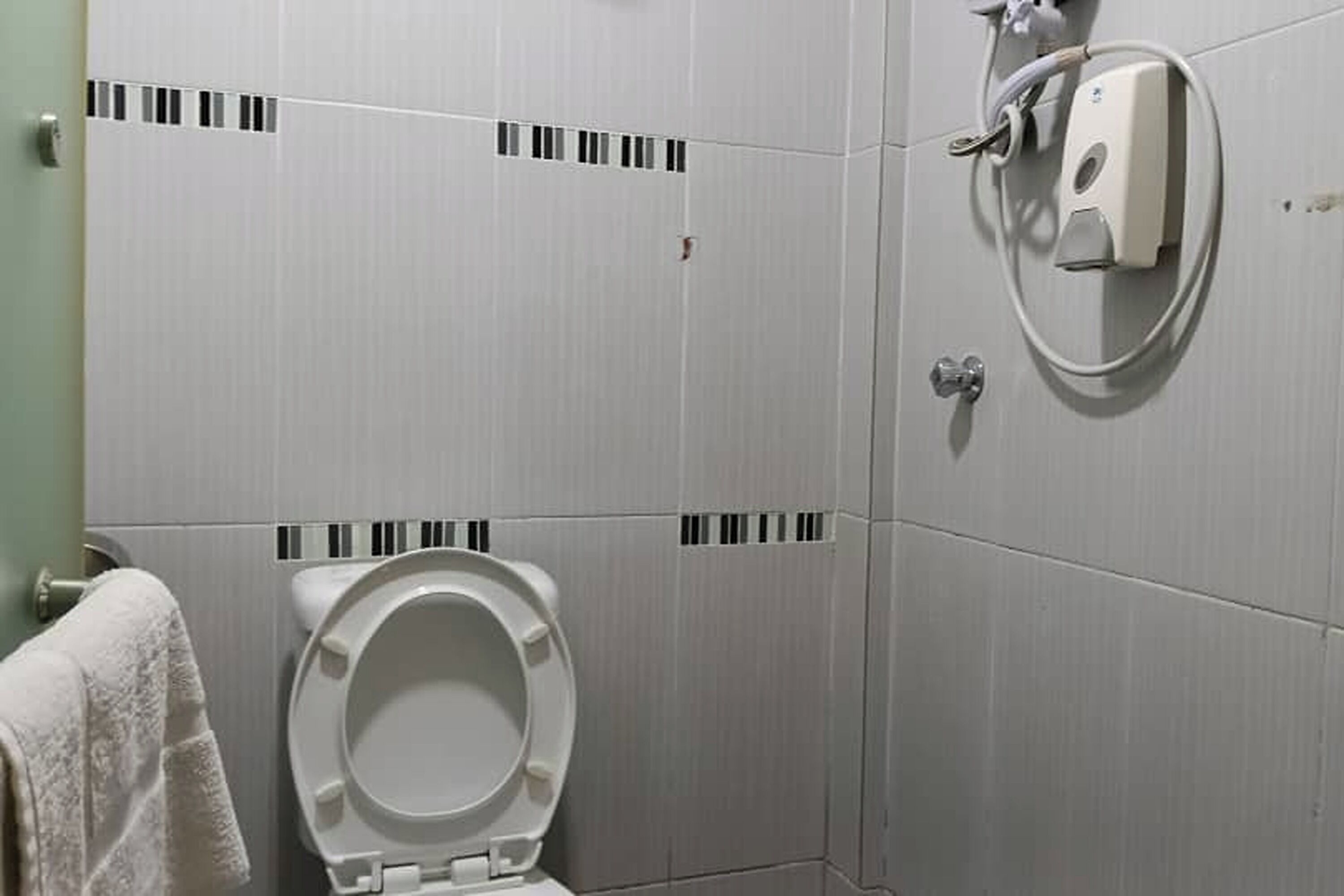 A bathroom with a toilet, a towel rack, and a hand dryer.