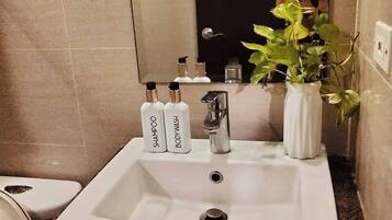 A bathroom with a white sink, two bottles labeled 'SHAMPOO' and 'BODYWASH,' a mirror, and a potted plant.