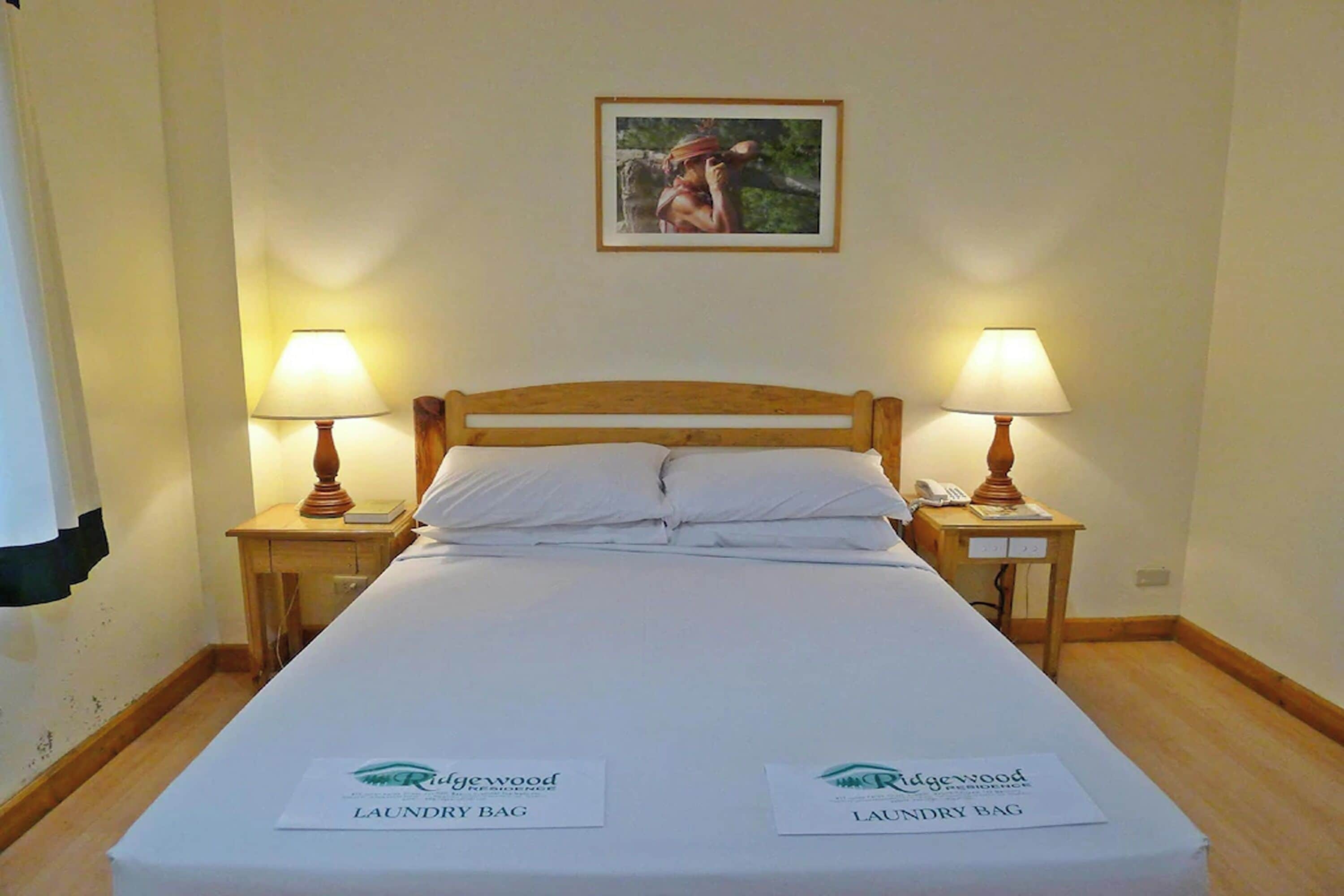 A hotel room with a single bed, two bedside lamps, a framed picture on the wall, and two laundry bags on the bed.