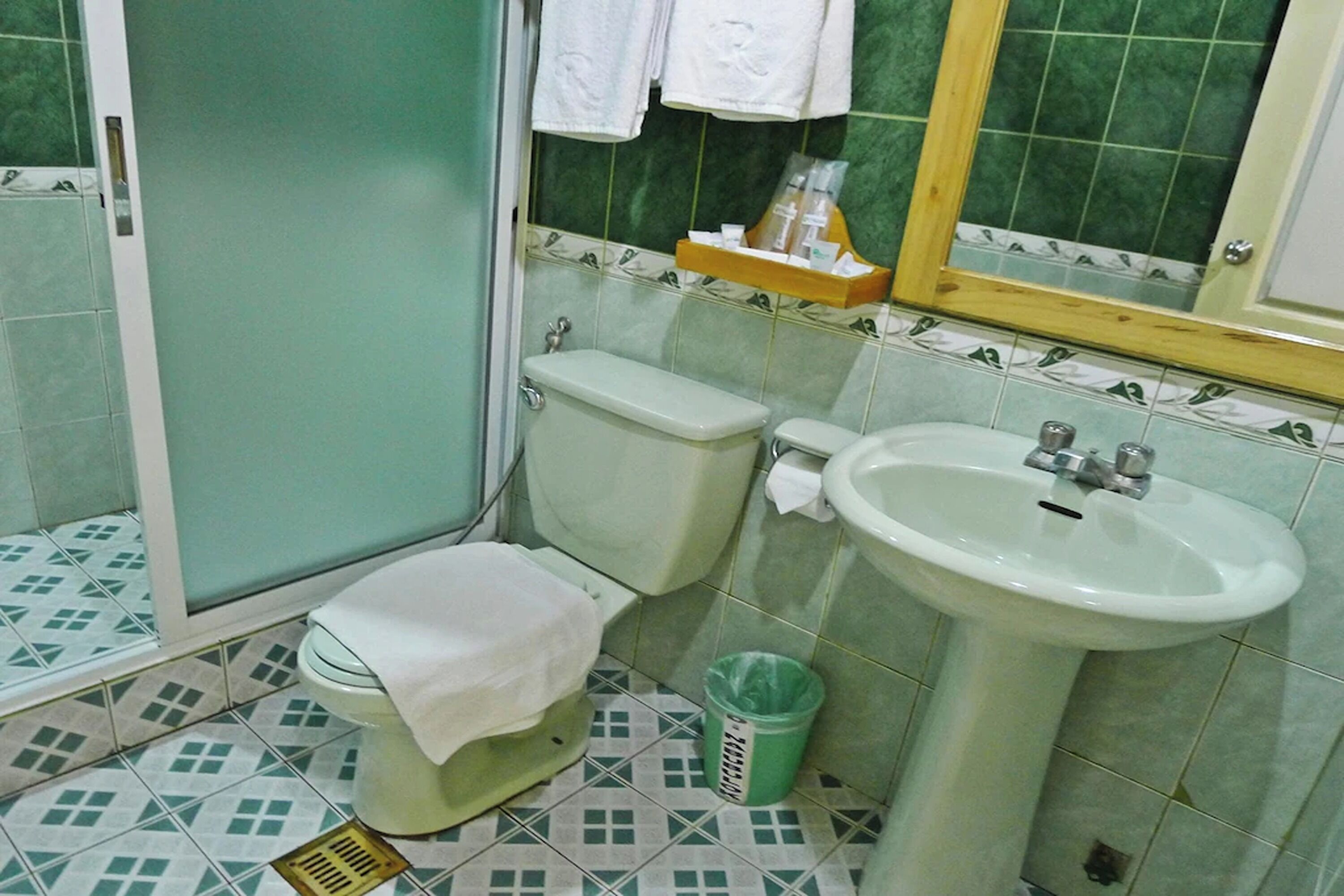 A bathroom with a toilet, sink, and shower.